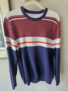Navy Crewneck Sweater with Red & White Geometric Detail - Size XL